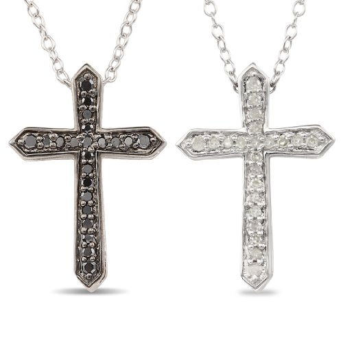 Sterling Silver 1/4 CT TDW Black and White Diamond Religious Pendant With Chain (G-H, I2-I3)