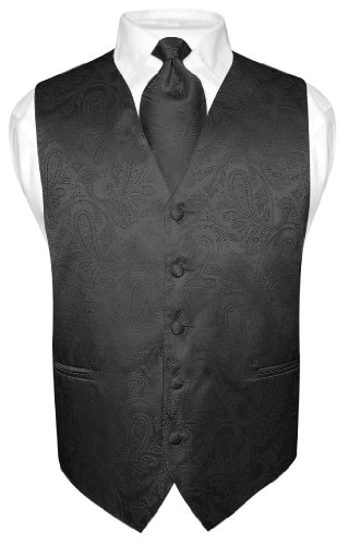 Men's Paisley Design Dress Vest NeckTie BLACK Neck Tie Set for Suit or Tuxedo