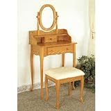 Queen Anne Style Oak Finish Wood Vanity Table Stool/Bench & Mirror Set Queen Anne Style Oak Finish Wood Vanity Table Stool/Bench & Mirror Set