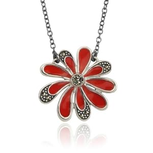 Sterling Silver Marcasite and Red Epoxy Flower Necklace by Amazon.com Collection