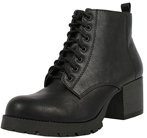 Soda Women's Nevitt Faux Leather Lace Up Chunky Heel Combat Style Boots