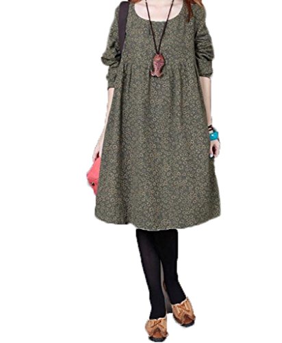 チビマルコショップレディース 秋 カジュアル Aライン 小花柄 ワンピース 長袖 チュニック レトロ ゆったりワンピース 麻 ロングワンピース