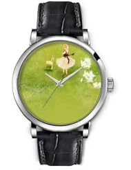 SPRAWL Aanalog Fashion Series Silver Ladies Watches of Genuine Black Leather Strap,Unique Wrist Watch for Women Girls Designed with Girl listening to music in the garden