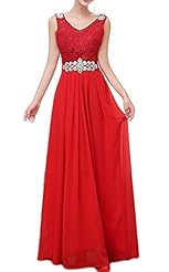V-neck Applique Lace Beaded Chiffon Cocktail Floor Length Sleeveless Evening Dress/Prom Dress/Wedding Party Dress  With a Sash 
