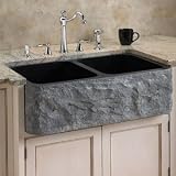 33 x 20 x 10 Polished Granite Double Bowl Farmhouse Sink with Chiseled Apron - Polished Black