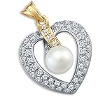 14k Yellow and White Gold Pearl Heart CZ Charm Pendant 419YSQBAScL. SL160 14k Yellow and White Gold Pearl Heart CZ Charm Pendant