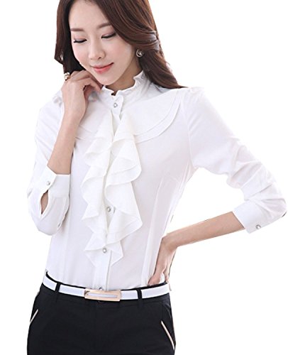Voguegirl Women Career Fitted Lace Tops Ruffle High Neck Long Sleeve Shirt Blouse