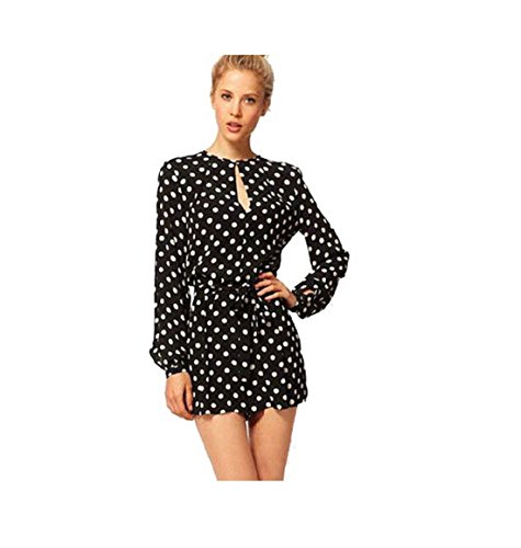 Womens Black White Polka Dot Suit with Belt and Back Spilt Jumpsuit