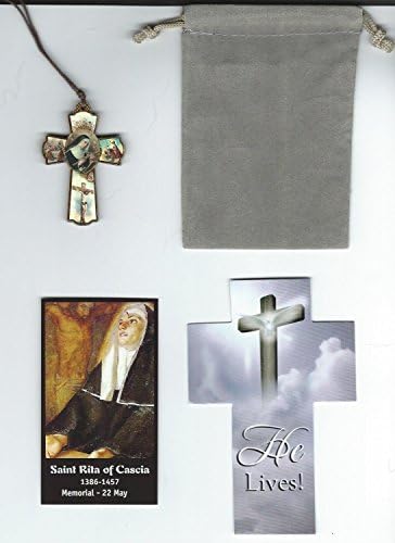 Saint Rita Bundle with Wooden 2 Inch Cross Necklace w/Cord, Holy Card, Velour Bag Patron of Troubled Marriages