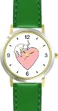 Cat Sleeping - Pink Heart - Cat - WATCHBUDDY&reg; DELUXE TWO-TONE THEME WATCH - Arabic Numbers - Green Leather Strap-Size-Large ( Men's Size or Jumbo Women's Size )