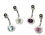 Simple Belly Button Ring design with Faceted AQUA and clear gemstones set in quality Silver
