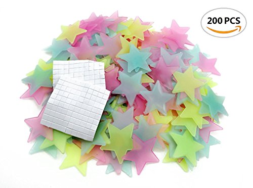 Pack of 200 Luminous Stars Glow in the Dark Fluorescent Noctilucent Plastic Wall Stickers Decals for Home Ceiling Wall Decorate Baby Kids Gift Nursery Room by BeautyMood (3.8cm)