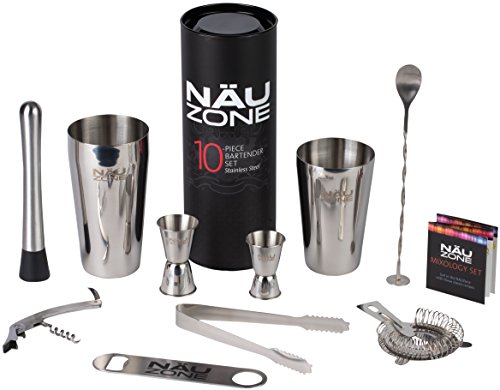 Bar Set: Premium Boston Shaker Barware Set - 10 Piece Bartender Kit Includes Bar Kit Supplies for Professional Drink Mixing. (10 Piece Bar Tool Set)