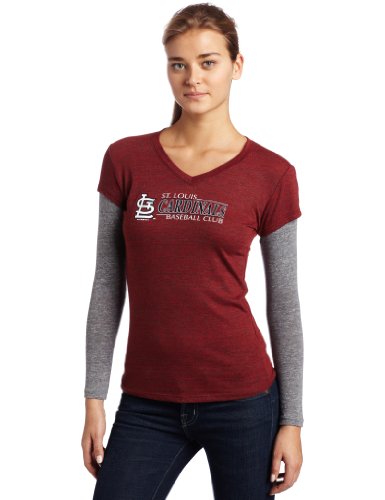 MLB Women's St. Louis Cardinals Long Sleeve Double Layered V Neck Tee (Red, Large)