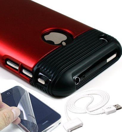 Apple iphone 3G Shield Protector case (Red) + Iphone Screen Protector + Ipod Data Sync cable + WristBand