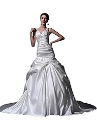 A-line V-neck Floor Length Lace Ruched Satin Dropped Natural   Waistline  Dress