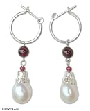 Pearl and garnet earrings, 'Beloved' 0.4 W 1.6 L