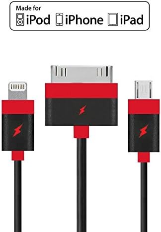 Cyberteck Premium Quality 3-in-1 Multi USB Adapter Charging Cable - Apple Lightning 30-Pin Compatible Output Cable And Micro USB for Apple iPhone 6/ 6 Plus/ 5 / 5S / 5C, iPad 4th Gen, iPad Air, iPad Mini, iPod touch 5th Gen, iPod support IOS 7.1 Nano 7th Gen, Almost All Android Smartphones, Non Certified Charges (1.6 FT Black/Red)