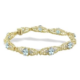 14K Yellow Gold Genuine Oval Aquamarine and Diamond Bracelet by Jewels For Me