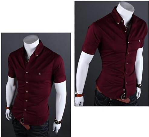Free2mys Men's British Style Slim Fit Short Sleeve Shirt (Red, XL/180)