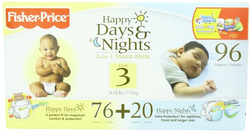 Fisher-Price Happy Days & Happy Nights Baby Diapers Value Pack, Size 3, 96 Count