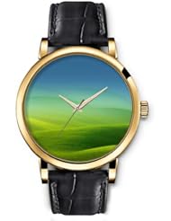 SPRAWL Aanalog Fashion Series Gold Ladies Watches of Genuine Black Leather Strap,Unique Wrist Watch for Women Girls Designed with Texture of green leaf