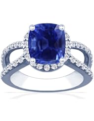 18K White Gold Cushion Cut Blue Sapphire Ring With Sidestones