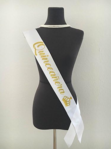 "Quinceañera" White with Gold Glitter Satin Sash, Quinceañera Party / Quinceañera Picture Decorations - Premium Quality, Made in the USA