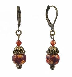 Earrings - E377 - Hand Painted Wood Bead and Swarovski (tm) Crystal Beads - Antique Gold Tone