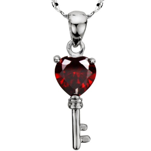 Garnet Cubic Zirconia 3.6ct Heart Key Platinum Overlay CAREFREE Sterling Silver Pendant Necklace