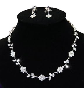 Blumen Funkelnde Kristall Versilbert Braut Hochzeit Ohrringe Collier Schmuckset