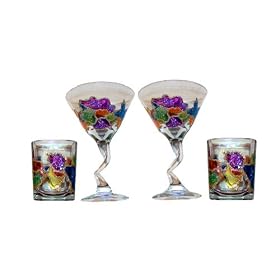 ArtisanStreet's Jeweled Martini Glasses with Candle Holders. Set of 4. Hand Painted, Signed by ArtisanStreet