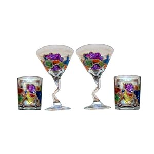 ArtisanStreet's Jeweled Martini Glasses with Candle Holders. Set of 4. Hand Painted, Signed by