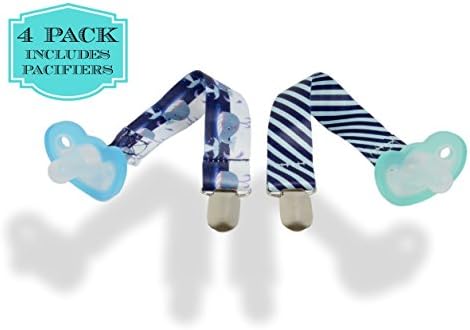 Kozee Baby Pacifier Clips for Boys | 1 Stripe + 1 Print | 8" Length, Metal Clasp, Premium Quality, Safe &amp; Non-Toxic, Set of 2 | Includes 2 Pacifiers, 1 Vanilla Scent, 1 Scent Free
