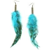 Tropical Blue Tiger - Perforated Brass Ornamental Stem - Long Feather Earrings