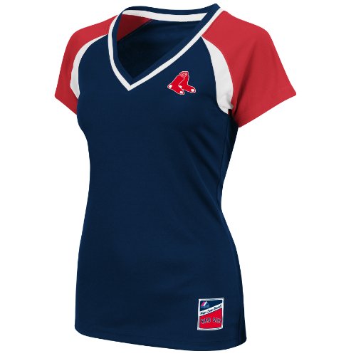 MLB Boston Red Sox Women's Short Sleeve Raglan Deep V-Nk Synthetic Tee (Athletic Navy/Ath Red/White, Small)