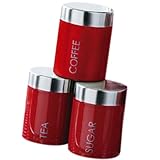 Premier Red Enamel Rubber Sealed Tea, Coffee and Sugar Canisters with Silver Lid and Word Detail, Set of 3