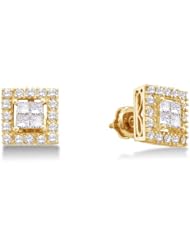14K Yellow Gold Princess Cut Diamond - Square Princess Shape Halo Invisible Set Studs Earrings with Secure Screw Back Closure - (1/4 cttw.)