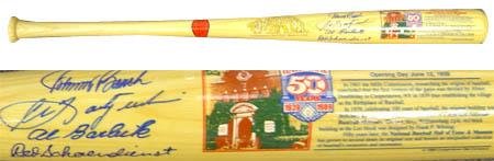 Autographed Johnny Bench, Red Schoendienst Carl Yastrzemski, and Al Barlick Bat - Autographed MLB Bats