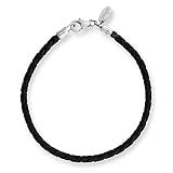 Sterling Silver Black Leather Bead Bracelet 8.5 Inches (3mm Diameter)