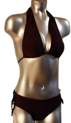 Sexy Chocolate Brown Halter Bikini with Side String and Beads