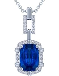 14K White Gold Cushion Cut Blue Sapphire And Round Diamond Pendant (GIA Certificate)