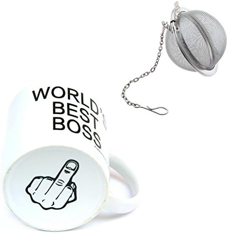 Vansaile Vansaile World's Best Boss/finger Mug, 11-ounce for Coffee Milk Juice or Tea Cups+Stainless Steel Mesh Tea Ball