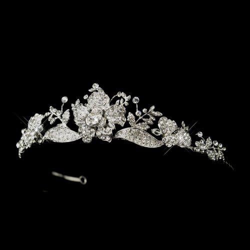 Antique Silver Clear Rhinestone Rose Tiara Bridal Headpiece