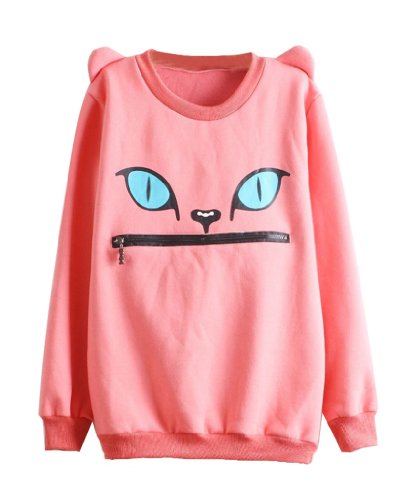 LookbookStore Pink Women Coloured Zip Mouth Smile Shoulder 3D Ear Cat Front Jumper Sheatshirt Top US 6 – US 8