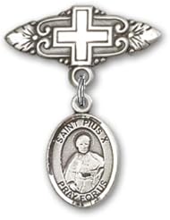 Sterling Silver Baby Badge with St. Pius X Charm and Badge Pin with Cross