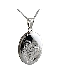 British Jewellery Workshops Silver 25x19mm handmade engraved oval Locket with Curb chain