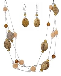 Necklace - Triple Strand ~ Jasper Gemstone and Glass Beads (18") + Matching Earrings (FB185)
