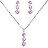 Sterling Silver Round Three Stone Style Pink CZ Earrings and 16in - 18in Adjustable Necklace Set