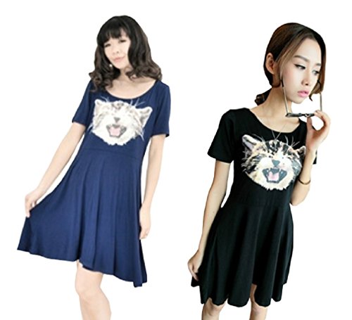 【ARINCO】 猫 キャット プリント ワンピース 半袖 アニマル レディース ブラック ネイビー 全２色 春 夏